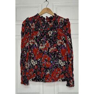 J CREW Womens XL Smocked Popover in Lurex Dot Foral Long Sleeve Blouse